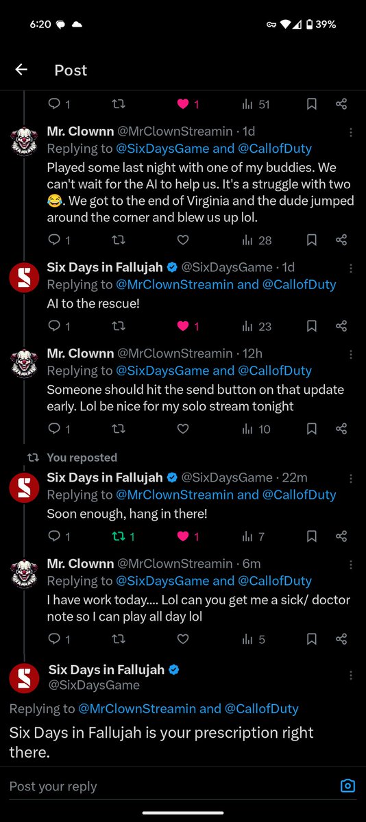 MrClownStreamin's tweet image. I'm in love with the @SixDaysGame team. I'm not sure the last time I saw another team so active in the community! Keep it up 
#SixDays #GetWet #military #VeteransLivesMatter #SmallStreamersConnect