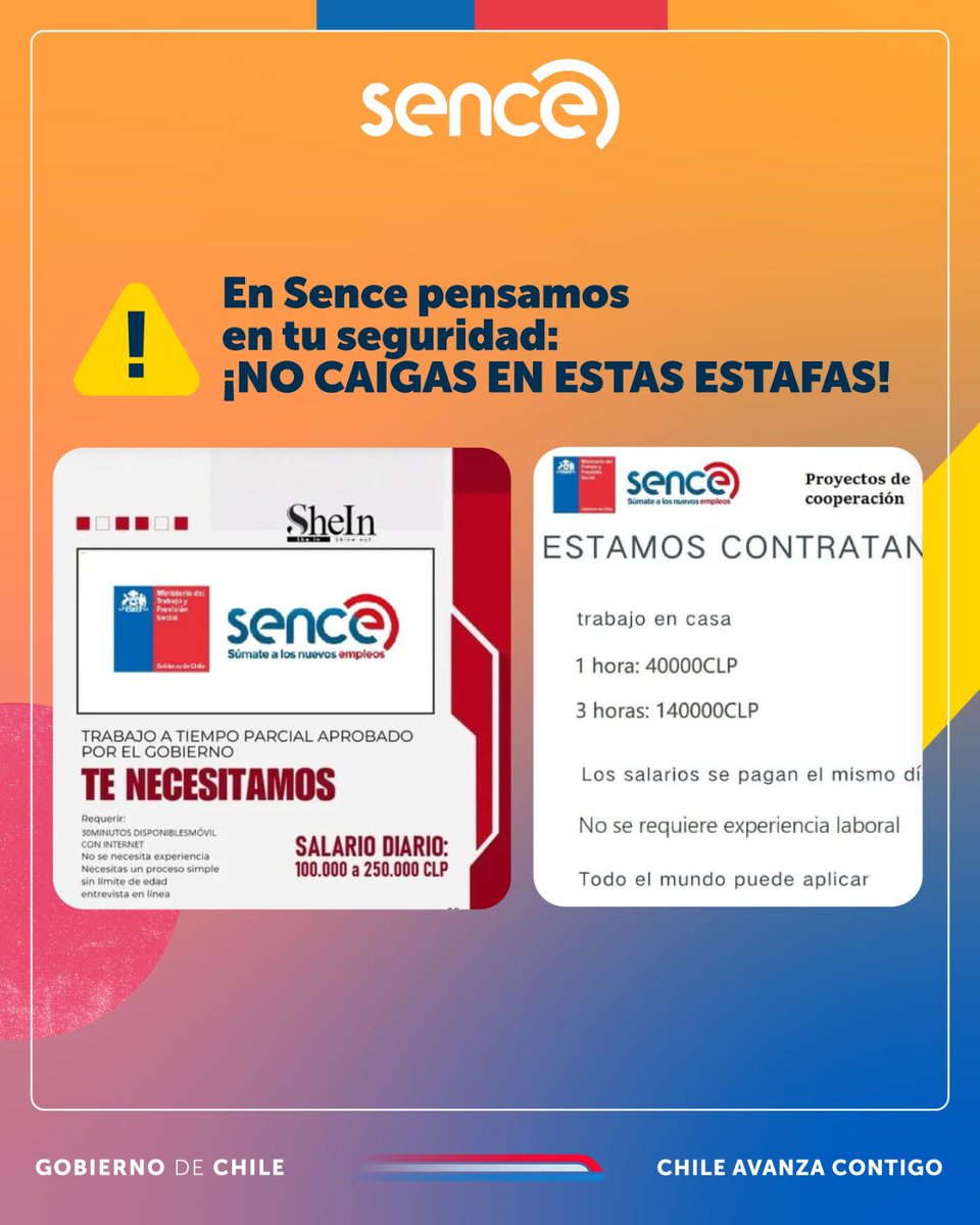 ⚠️ ¡Atención! En Sence nos preocupa tu seguridad.🚫
Han surgido publicaciones falsas usando nuestro logo y nombre, ofreciendo trabajos con sueldos elevados y sin requisitos de experiencia. Estas ofertas NO son reales.
🔹Verifica siempre la información oficial en nuestros canales.