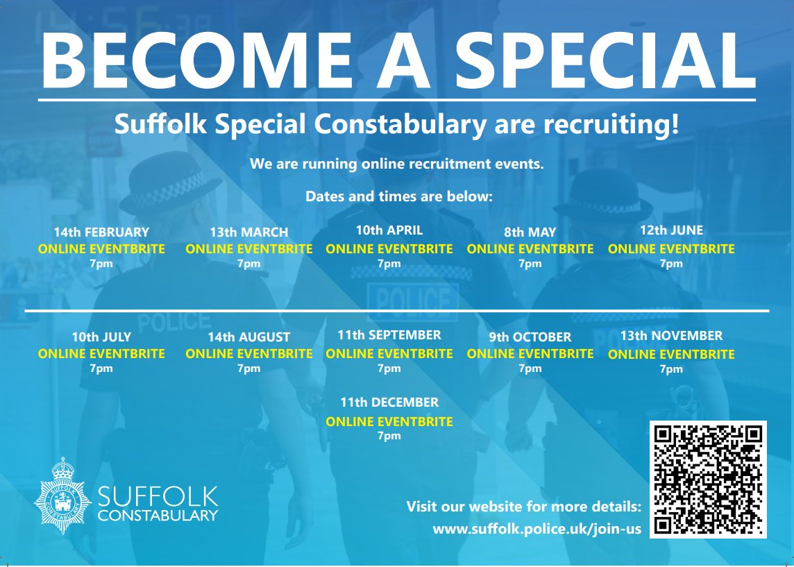 SPVolunteers's tweet photo. Have you ever thought about joining Suffolk Constabulary as a Special Constable @SuffolkPolice. We are holding an online information evening on Wednesday 13th November at 1900hrs. If you are interested click onto the link and register. https://t.co/dqvDTkSnJW #proudtoserve. https://t.co/20YsKj5WqI