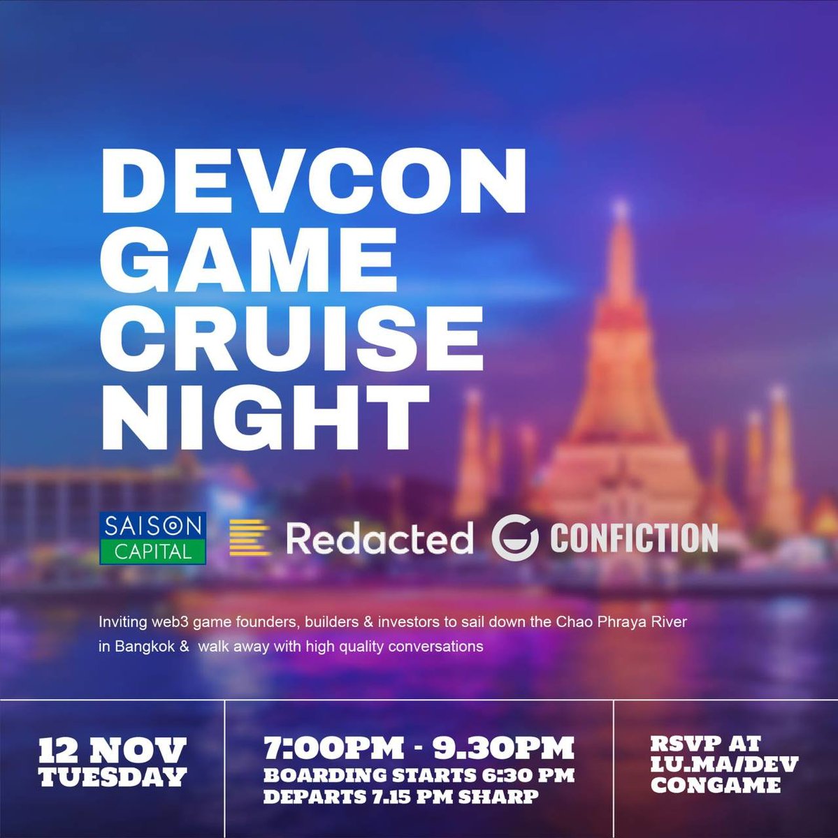 Devcon Cruise Night is FULL HOUSE for next week!

Kind reminder that it will be first come first served.

Once the boat is full, it will set sail down the Chao Phraya River, so do be on time ⏰