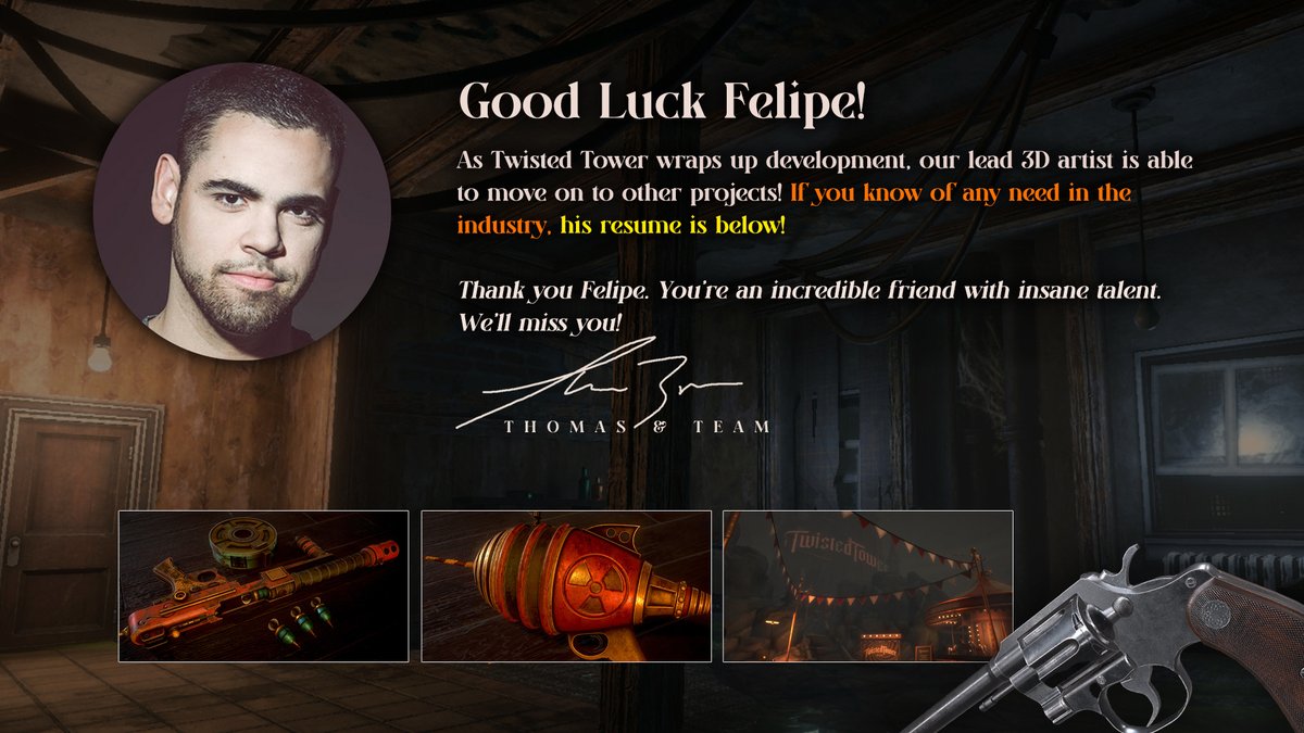 As our game Twisted Tower finishes up development, our brilliant 3D artist Felipe Caravelli will be moving on to other projects and is open for work, so please check out his portfolio (felipecaravelli.com) if you are looking for help, or know of any studios that need help! I