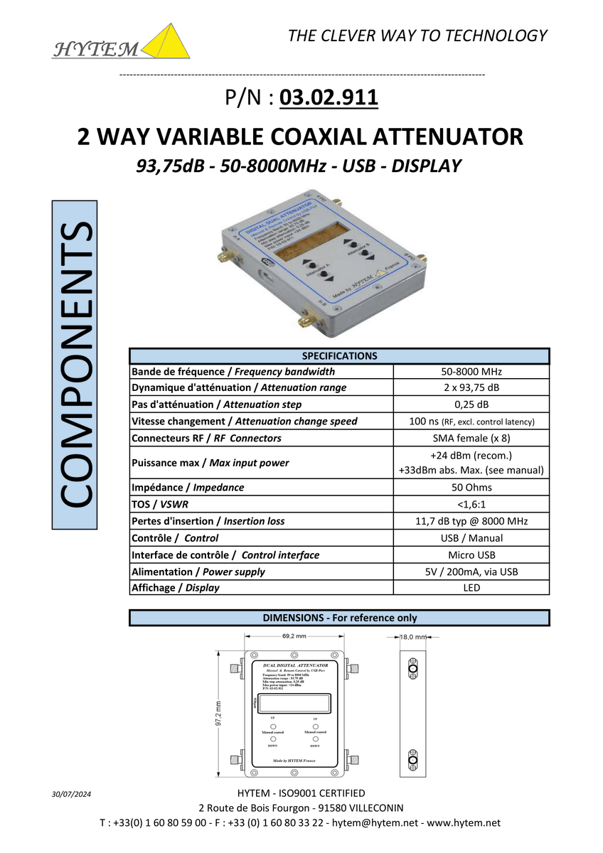 HytemRF's tweet photo. 🔔 Product News: Check out our new dual USB #attenuator, model 03.02.911!
✅ Frequency range: 50-8000 MHz (vs. 380-6000 MHz) 
✅ Fine-tuning: 0.25 dB steps (vs. 0.5 dB) 
🚫 Note: Incompatible with older control software. 
💡 Power: Recommended +24 dBm (max +33 dBm) https://t.co/XZj96IbDEO