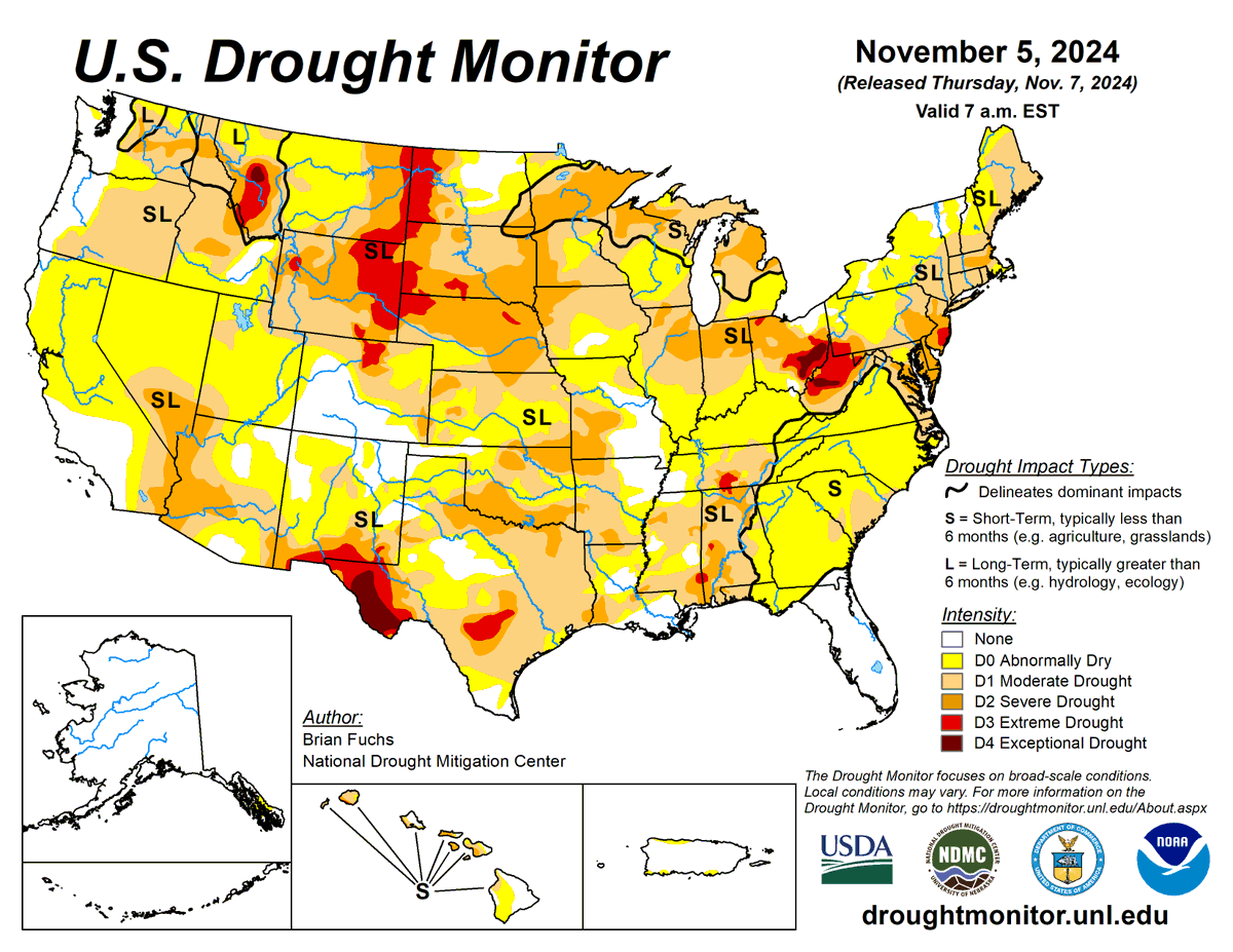 DroughtCenter's tweet photo. US Drought Monitor 11-7-24

For the 50 states and Puerto Rico, the US Drought Monitor shows 43.4% in moderate drought or worse, compared to 45.27% last week.

#droughtmonitor #drought #drought2024 #climate #science #data #maps #UnitedStates #USA #US https://t.co/uaPU4gv8sX