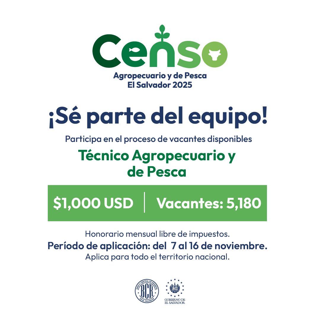 bcr_sv's tweet photo. 👉 Oportunidad de empleo | Participa en el proceso de las vacantes disponibles para Técnico Agropecuario y de Pesca. Consulta más aquí: https://t.co/oZFD4RXlln ✅ https://t.co/NFSQdHHBUB