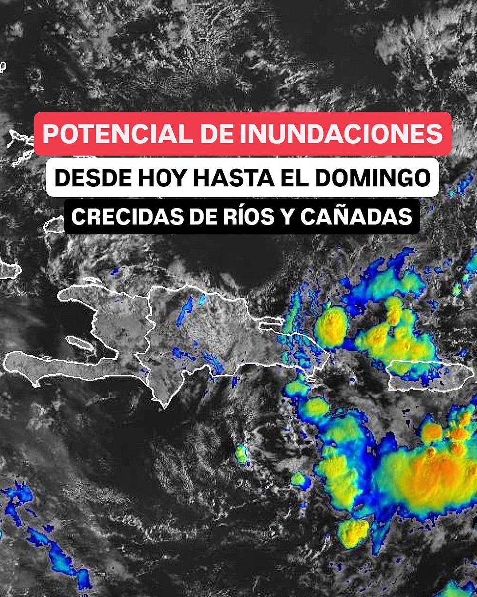 JeanSuriel's tweet photo. 🔴ALERTA🔴
El panorama meteorológico en República Dominicana podría tornarse muy lluvioso en las próximas horas debido a la influencia de varios fenómenos atmosféricos: una baja presión en el Mar Caribe aumentará el potencial de aguaceros entre moderados y fuertes, mientras se acerca una vaguada ubicada al noreste de Puerto Rico.

⚠️Las posibilidades de inundaciones repentinas se establecerán en el territorio dominicano desde esta tarde y permanecerá hasta el domingo: además de la baja y la vaguada, una onda tropical y abundante humedad en la región dominarán las condiciones meteorológicas.

⚠️Cerca del mediodía de este jueves, incrementarán las lluvias en el este, noreste, norte, Cordillera Central y sureste por los efectos de la baja presión: estarán desarrollándose períodos con ráfagas de viento y descargas eléctricas.

Sigue ⬇️