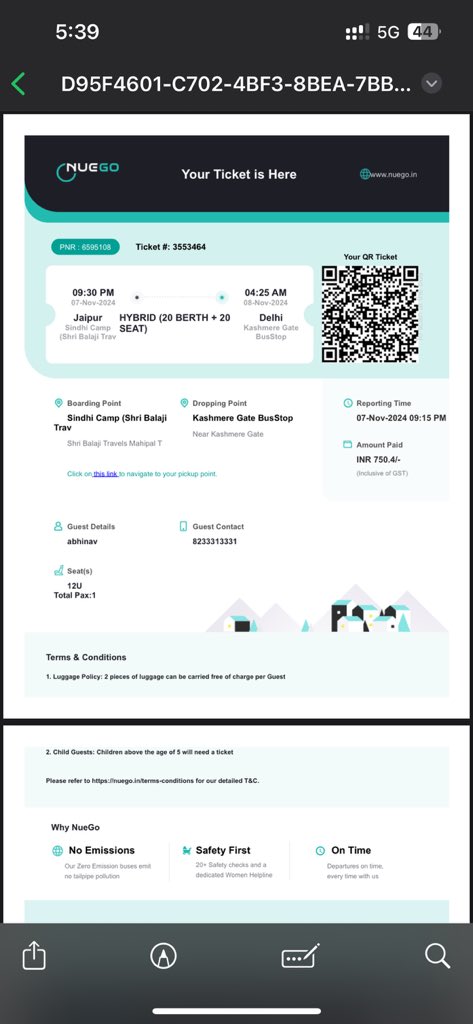 abiinav05's tweet photo. @nuegoindia 
At first I booked bus on 7 nov 9:30pm. But i rescheduled on 8 nov 9:30 pm. The app confirmed again on 7 nov 9:30 same bus.
Please help as itravel a lot in your bus. My money will get waste as i will not travel today. Worst app Pnr - 6595108
Ticket attached both pnr https://t.co/wqSa0SPbth