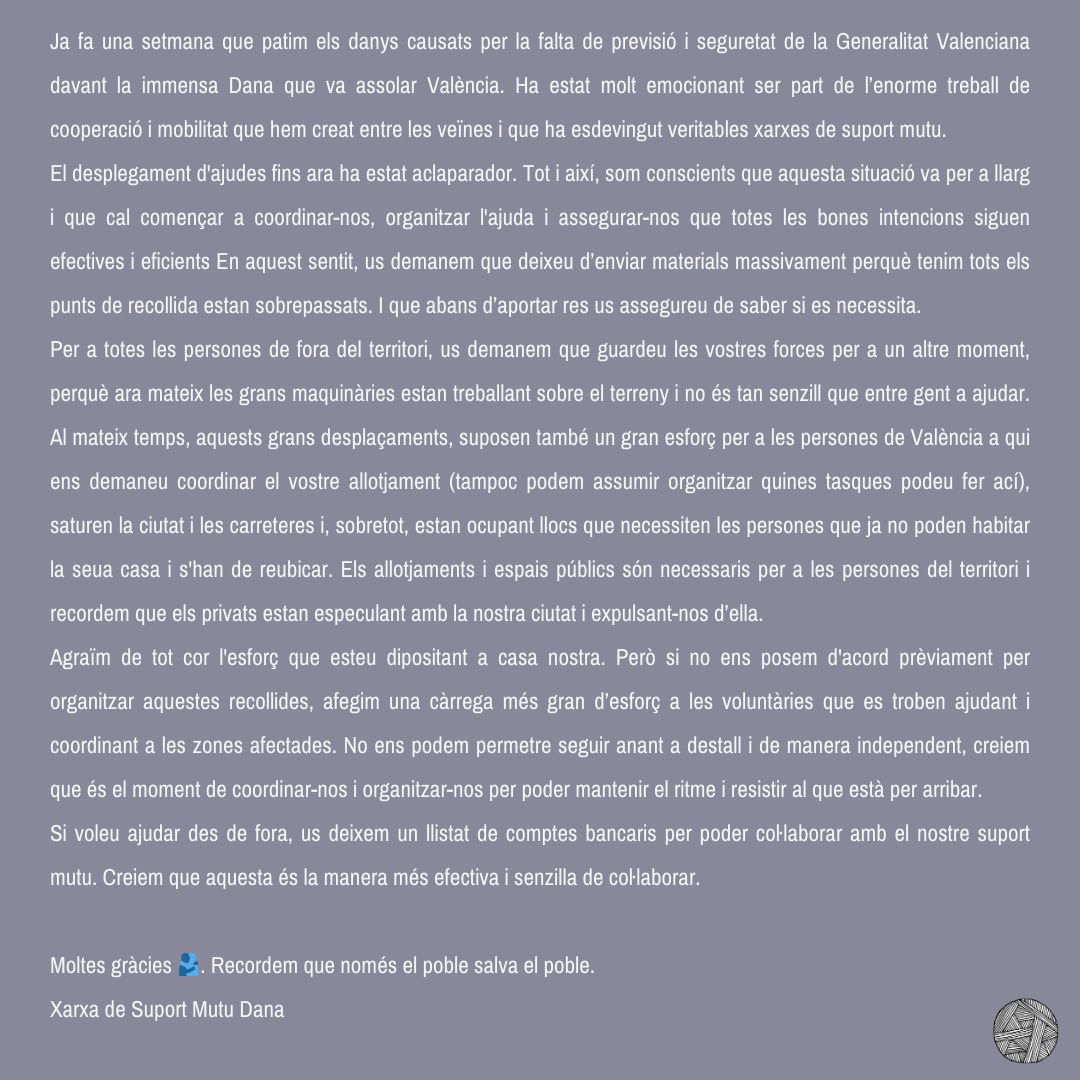SuportMutuDana's tweet photo. CRIDA A LA CALMA I A L'ORGANITZACIÓ (valencià) https://t.co/T8z4bFUG8G