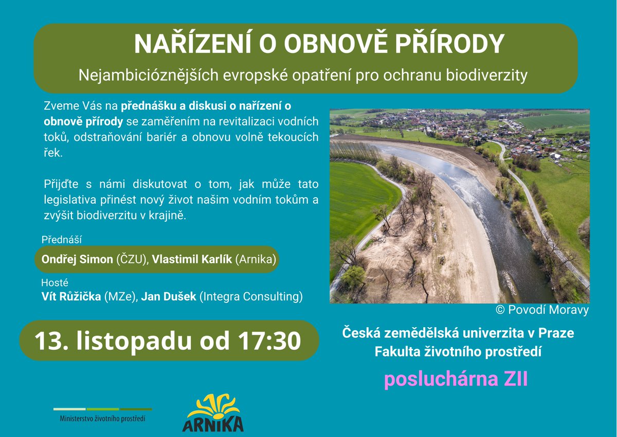 Můžeme našim řekám přinést nový život?
Jak můžeme zvýšit rozmanitost české přírody?
A jak nám k tomu můžou pomoci nové zákony?

Pojďte to 13. listopadu prodiskutovat s našimi hosty na <a href="/CZUvPraze/">ČZU</a>. 

#reky #biodiverita
