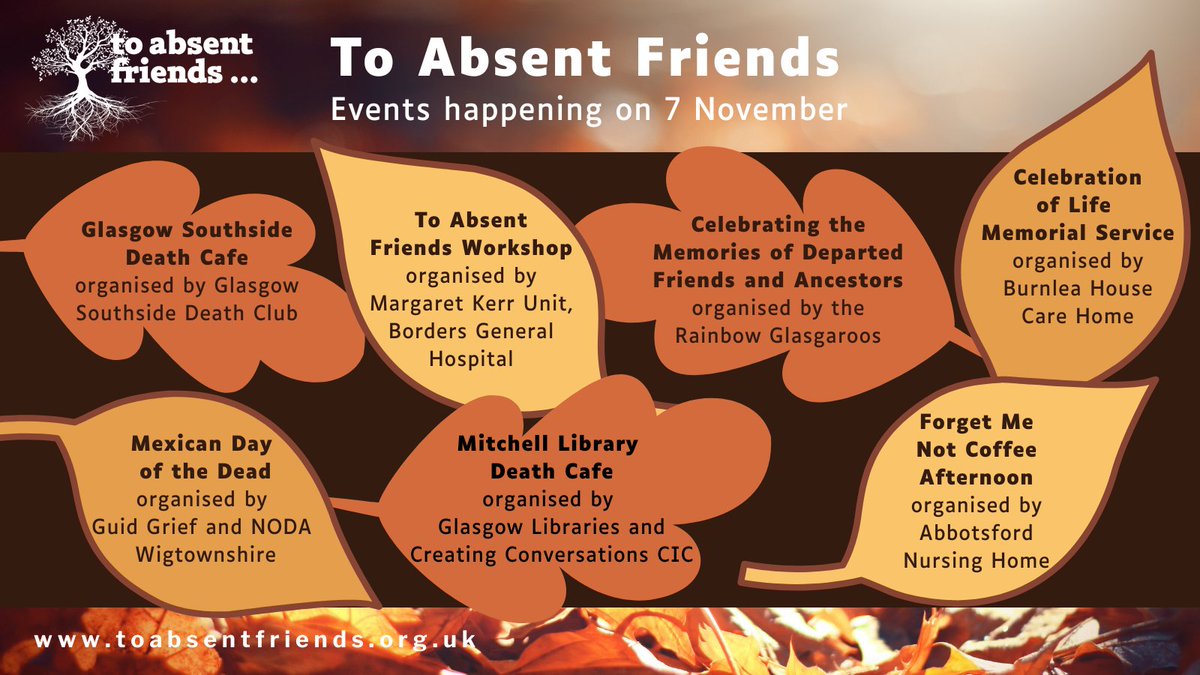 For the last day of #ToAbsentFriends week, we have activities in care homes, a film night <a href="/glasgaroos/">Rainbow Glasgaroos</a>, death cafes <a href="/GlasgowLib/">Glasgow Libraries</a>, a workshop for hospital staff <a href="/NHSBorders/">NHS Borders</a>, an HIV quilt workshop, and lots more.
Find out what's on today at:
toabsentfriends.org.uk/blogs/festival…