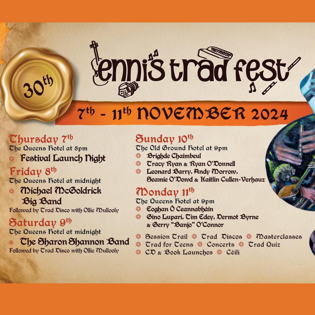 ClareTourism's tweet photo. From Nov 7-11th, the town of Ennis will come alive with the vibrant sounds of traditional Irish music.🎶 🎉 Congratulations to Ennis Trad Fest on 3 amazing decades! 💚

🔗 https://t.co/yafrjUb9eG

#EnnisTradFest #30YearsOfMusic #VisitClare https://t.co/LR1jQr9Z3I