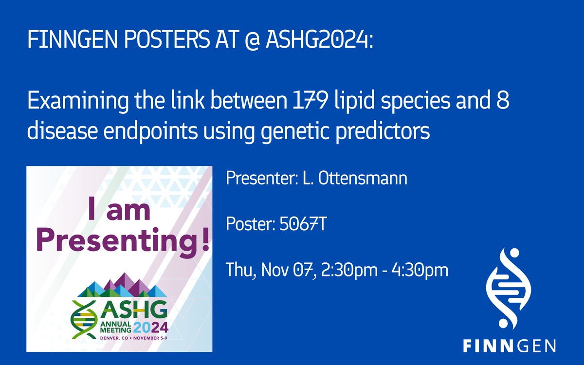 FinnGen_FI's tweet photo. Board 5067T: Examining the link between 179 lipid species and 8 disease endpoints using genetic predictors
Presenter: Linda Ottensmann @LOttensmann https://t.co/CHjUp4SYjA