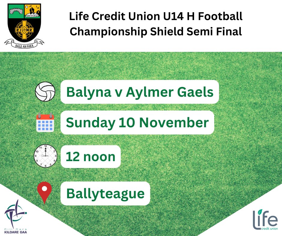 Best of luck to Balyna Juvenile GAA Club U14 teams in their upcoming matches v <a href="/LeixlipGAA/">Leixlip GAA</a> and <a href="/AylmerGaelsGfc/">Aylmer Gaels</a> ⬛🟩

<a href="/ClogherinkoeGAA/">Clogherinkoe GAA</a> / <a href="/KildareGAA/">Kildare GAA</a> / <a href="/LifeCU_Ireland/">Life Credit Union</a>