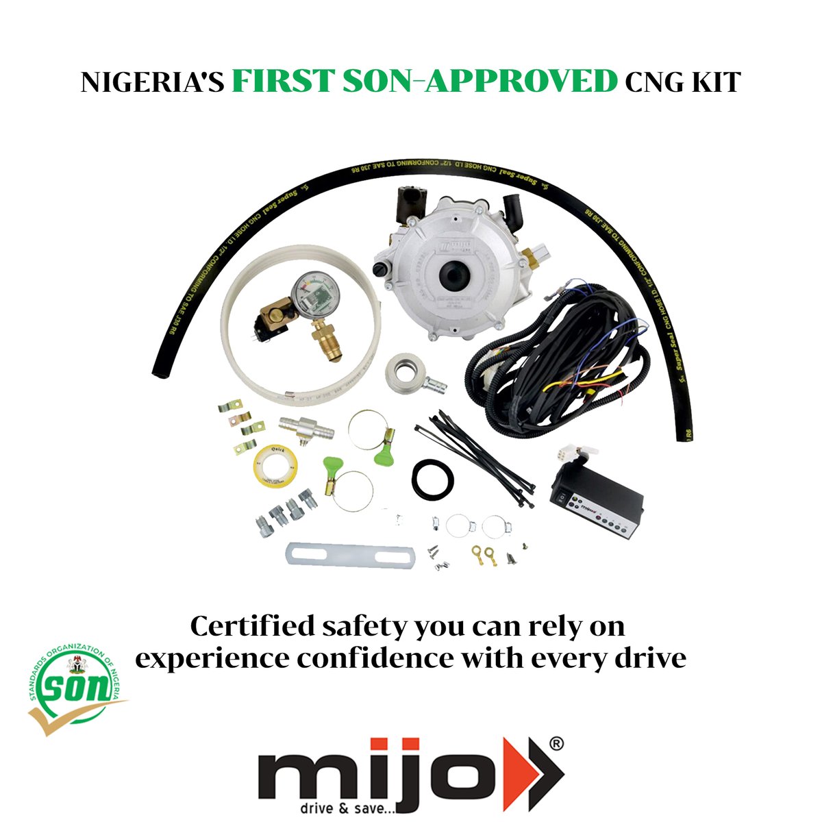 AutoMijo's tweet photo. Introducing Nigeria’s first SON-approved CNG kit by Mijo! Certified for safety, built for reliability. Drive with confidence and enjoy the assurance of quality with every journey. 

#MijoNigeria #SONApproved #CertifiedSafety https://t.co/qcnpBEPvtE