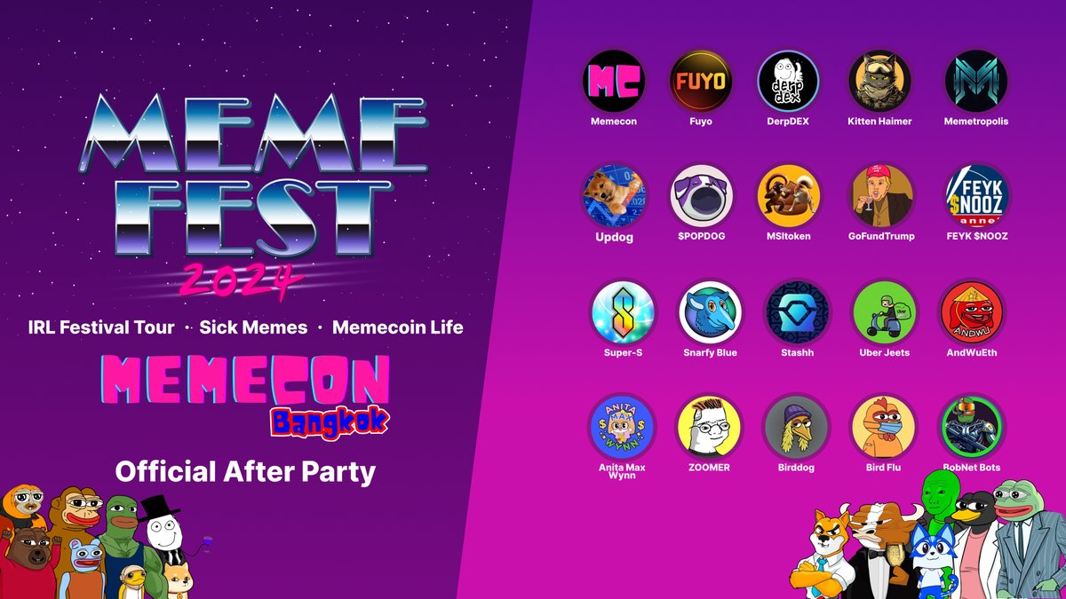 MemeFest (@memefestwtf) on Twitter photo Our first MemeFest is next week during <a href="/EFDevcon/">Devconnect ARG - the first Ethereum Worldβs Fair</a>
Special mention to <a href="/MEMECON_OMG/">MEMECON</a> our brothers in arms.
Our MemeFest comrades join us on the launchpad as the memecoin supercycle takes off π
<a href="/fuyoapp/">fuyoapp</a> <a href="/DerpDEXcom/">DerpDEX</a> <a href="/KittenHaimer/">Kitten Haimer</a> @MEMETR0P0LIS <a href="/updogtoken/">Whatβs Updog?</a> <a href="/MSI_token/">MSI</a> Our first MemeFest is next week during <a href="/EFDevcon/">Devconnect ARG - the first Ethereum Worldβs Fair</a>
Special mention to <a href="/MEMECON_OMG/">MEMECON</a> our brothers in arms.
Our MemeFest comrades join us on the launchpad as the memecoin supercycle takes off π
<a href="/fuyoapp/">fuyoapp</a> <a href="/DerpDEXcom/">DerpDEX</a> <a href="/KittenHaimer/">Kitten Haimer</a> @MEMETR0P0LIS <a href="/updogtoken/">Whatβs Updog?</a> <a href="/MSI_token/">MSI</a>