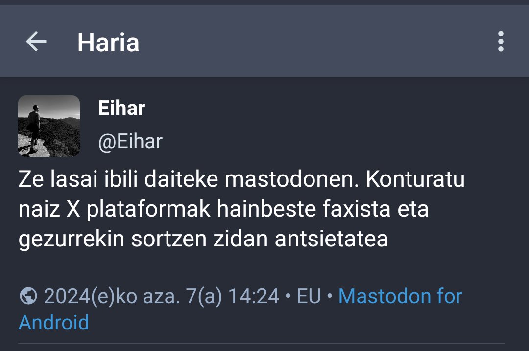 Mastodon probatu du <a href="/Ei_h_ar/">Eihar 🔻</a> -ek eta hobeto sentitzen da bertan: