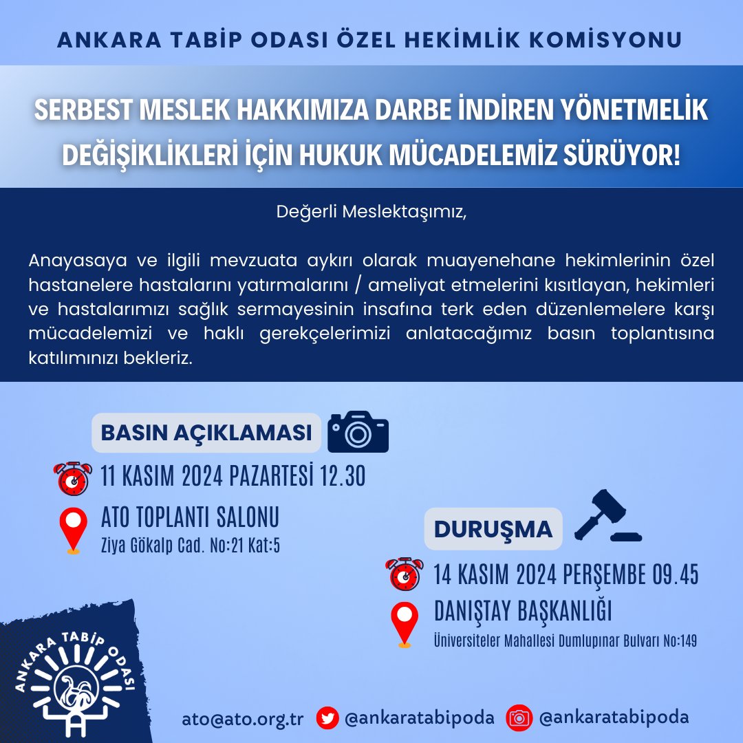 📢 Serbest meslek hakkımıza darbe indiren yönetmelik değişikliği için hukuk mücadelemiz sürüyor!

Ankara Tabip Odası Yönetim Kurulu
Ankara Tabip Odası Özel Hekimlik Komisyonu

🗣️🎙️  Basın Açıklaması
📅 11 Kasım 2024 Pazartesi 
⏰ 12.30
📍  Ankara Tabip Odası Toplantı Salonu [Ziya