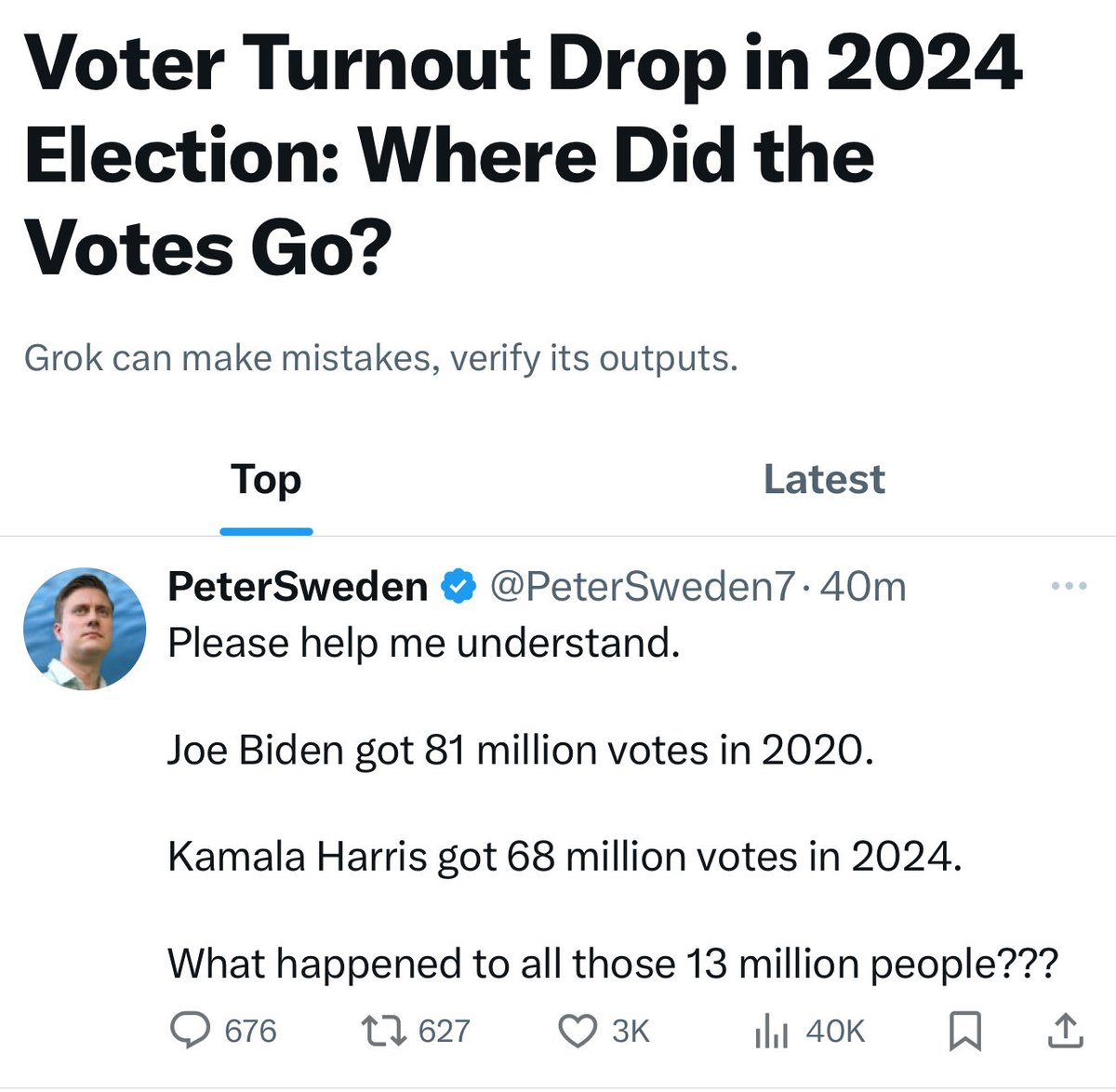 carolmswain's tweet photo. I expect an apology from anyone who accused me of being an election denier. I remain an unwavering 2020 election questioner. Looks like I was correct. There’s a reason #Kamala underperformed. ⁦@GlennLoury⁩ #voterfraud #ballotstuffing #mailballots #Jan6th #Biden  #DOJ https://t.co/5lcAv2gXf2