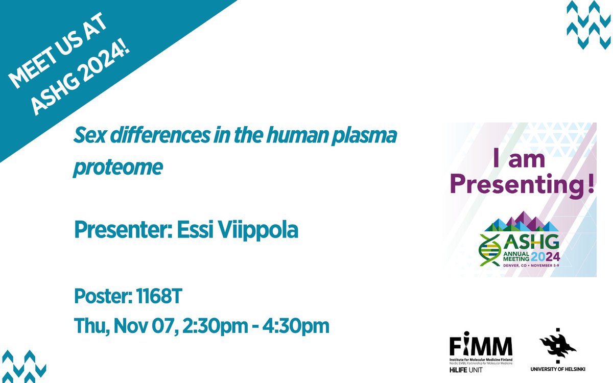 FIMM HelsinkiUni (@fimm_uh) on Twitter photo Be sure to visit these interesting posters presented by our researchers at #ASHG2024 today:
Board 1168T: Sex differences in the human plasma proteome
Presenter: Essi Viippola <a href="/essivvv/">Essi Viippola</a> Be sure to visit these interesting posters presented by our researchers at #ASHG2024 today:
Board 1168T: Sex differences in the human plasma proteome
Presenter: Essi Viippola <a href="/essivvv/">Essi Viippola</a>