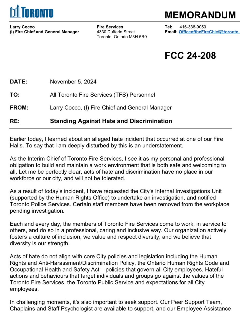 edwardazadeh's tweet photo. “Another harassment and bullying report has surfaced within Toronto Fire.  the situation has escalated to the involvement of @TPSOperations It’s clear that systemic issues within department remain unaddressed” @TFSDeputyCocco @TorontoStar @KopunF @TPFFA @JamesReedTOFire @tofire https://t.co/e9kd6lXbJO