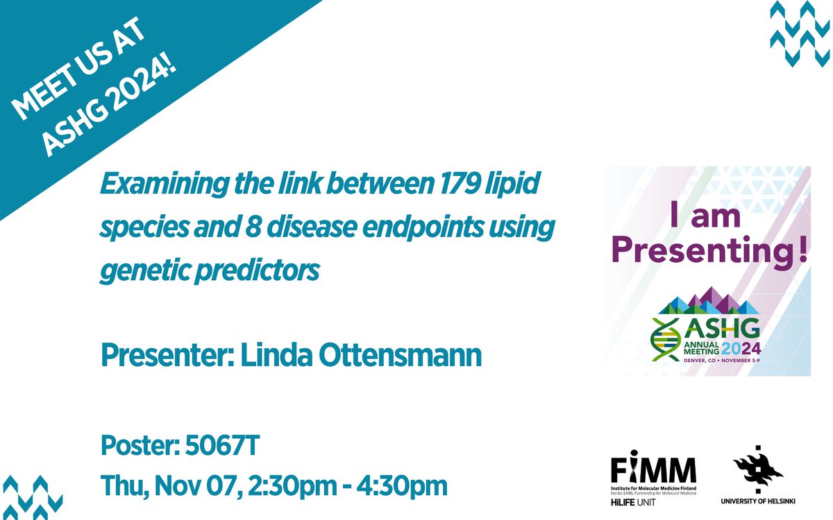 FIMM HelsinkiUni (@fimm_uh) on Twitter photo Board 5067T: Examining the link between 179 lipid species and 8 disease endpoints using genetic predictors
Presenter: Linda Ottensmann <a href="/LOttensmann/">Linda Ottensmann</a> Board 5067T: Examining the link between 179 lipid species and 8 disease endpoints using genetic predictors
Presenter: Linda Ottensmann <a href="/LOttensmann/">Linda Ottensmann</a>