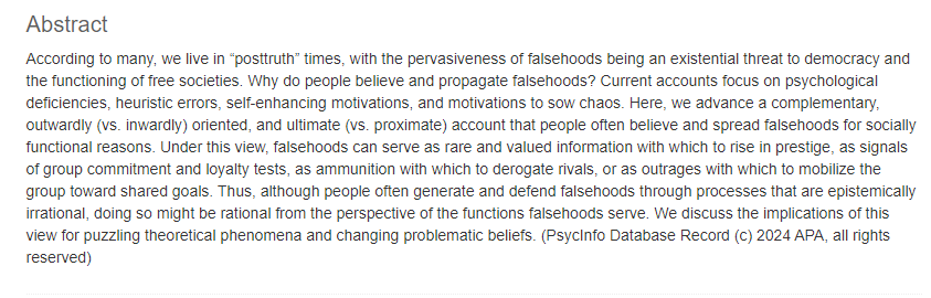Bastian Jaeger (@bxjaeger) on Twitter photo The prevalence of irrational beliefs is better explained by the practical benefits of holding & spreading such beliefs (e.g., signaling ingroup loyalty), rather than alternatives (cognitive deficiencies, feeling good about oneself) <a href="/michael_barlev/">Michael Barlev</a> The prevalence of irrational beliefs is better explained by the practical benefits of holding & spreading such beliefs (e.g., signaling ingroup loyalty), rather than alternatives (cognitive deficiencies, feeling good about oneself) <a href="/michael_barlev/">Michael Barlev</a>
