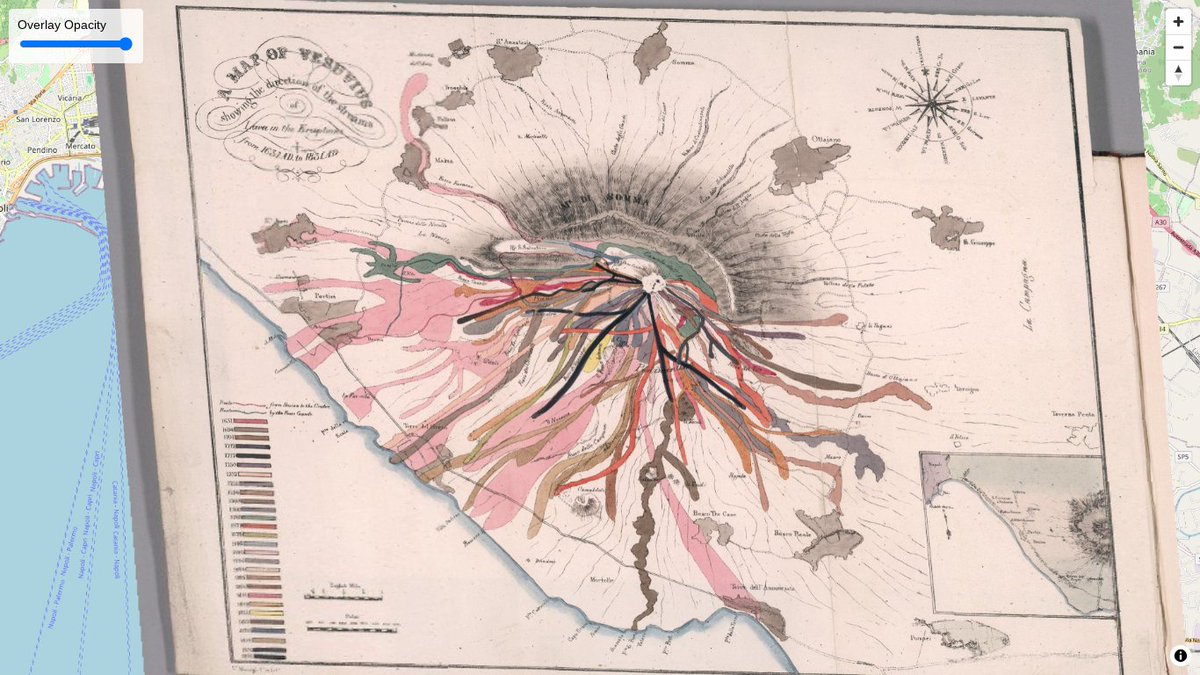 #30DayMapChallenge 
Add a vintage map from the Rumsey Map Collection to an interactive map using its IIIF manifest and Allmaps (although you might want to spend more time georeferencing the map that I did you this vintage map of Vesuvius lava streams). vintage-mapper.glitch.me/#10.55/40.8089…