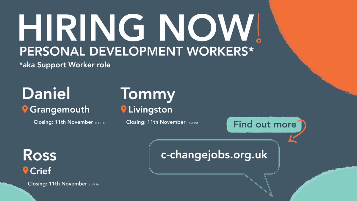 cchangescotland's tweet photo. Opportunities to join our team ๐ข
If youโre passionate about supporting people to live their best lives, donโt miss your chance.
Apply by 11th November! โฐ
Find your role at https://t.co/mtpoaeRWWT ๐
#BetterIsPossible #SupportGoodLives #Recruitment #JobsScotland https://t.co/DG87Kg0Cxb