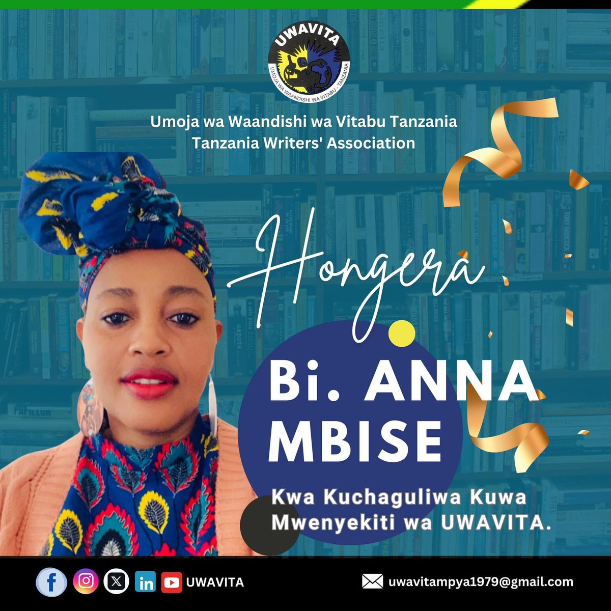 Dear Tanzania Writers’ Association, UWAVITA,

With hearts so warm,
You chose my name,
As chairperson,
Thank you for your trust in me.

Members,
My gratitude overflows,
For in our hard work,
Our association grows.
Through books, our calling,
Humanity thrives.

<a href="/UWAVITA/">UWAVITA</a>