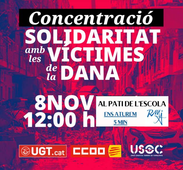 LopezVicuBCN's tweet photo. Ens unim a la proposta d'aturada de 10 minuts a les 12h, demà divendres 8 de novembre, davant la catàstrofe provocada per la #DANA a la província de València. 
En aquest acte, un alumne llegirà un text i es farà 1 minut de silenci per les víctimes i els afectats. https://t.co/ArT0SFyhax
