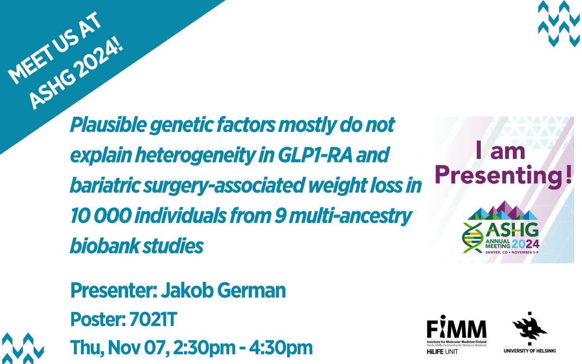 FIMM HelsinkiUni (@fimm_uh) on Twitter photo Board 7021T: Plausible genetic factors mostly do not explain heterogeneity in GLP1-RA and bariatric surgery-associated weight loss in 10 000 individuals from 9 multi-ancestry biobank studies
Presenter: Jakob German <a href="/Jakob_German/">Jakob German</a> Board 7021T: Plausible genetic factors mostly do not explain heterogeneity in GLP1-RA and bariatric surgery-associated weight loss in 10 000 individuals from 9 multi-ancestry biobank studies
Presenter: Jakob German <a href="/Jakob_German/">Jakob German</a>