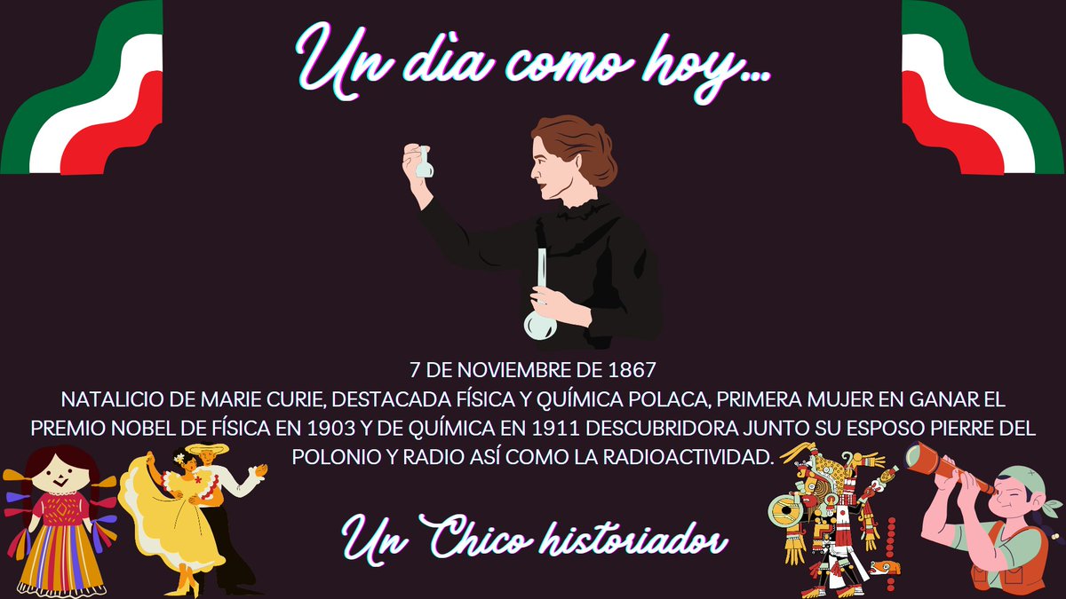 #UnDiaComoHoy 

7 de noviembre de 1867
Natalicio de Marie curie, destacada física y química polaca, primera mujer en ganar el premio nobel de física en 1903 y de Química en 1911 descubridora junto su esposo Pierre del polonio y radio así como la radioactividad.