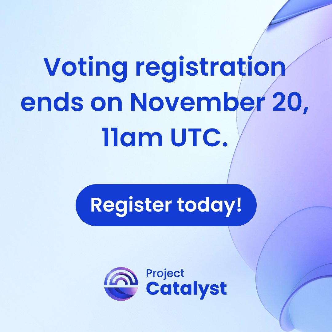 CatalystTicker's tweet image. 13 days left to register for voting!

📚: How though? ⬇️
docs.projectcatalyst.io/current-fund/v…

#ProjectCatalyst #Fund13 #Cardano $ADA #Catalyst #Blockchain #Crypto #Decentralised #Innovation #Fund