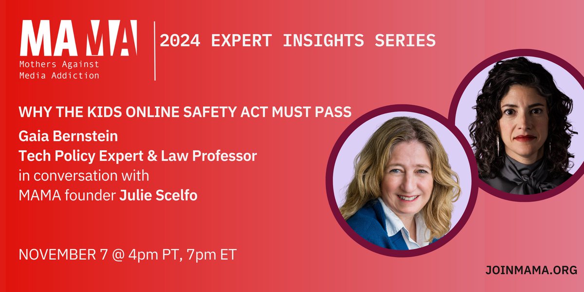 Mothers Against Media Addiction (@_wearemama) on Twitter photo TONIGHT! The election may be over, but #KOSA is still up in play. You won't want to miss our Expert Insights conversation with MAMA founder <a href="/JulieScelfo/">Julie Scelfo</a> and tech policy expert and lawyer <a href="/BernsteinGaia/">Gaia Bernstein</a> where you'll learn why KOSA is so important and what you can do to help ensure TONIGHT! The election may be over, but #KOSA is still up in play. You won't want to miss our Expert Insights conversation with MAMA founder <a href="/JulieScelfo/">Julie Scelfo</a> and tech policy expert and lawyer <a href="/BernsteinGaia/">Gaia Bernstein</a> where you'll learn why KOSA is so important and what you can do to help ensure