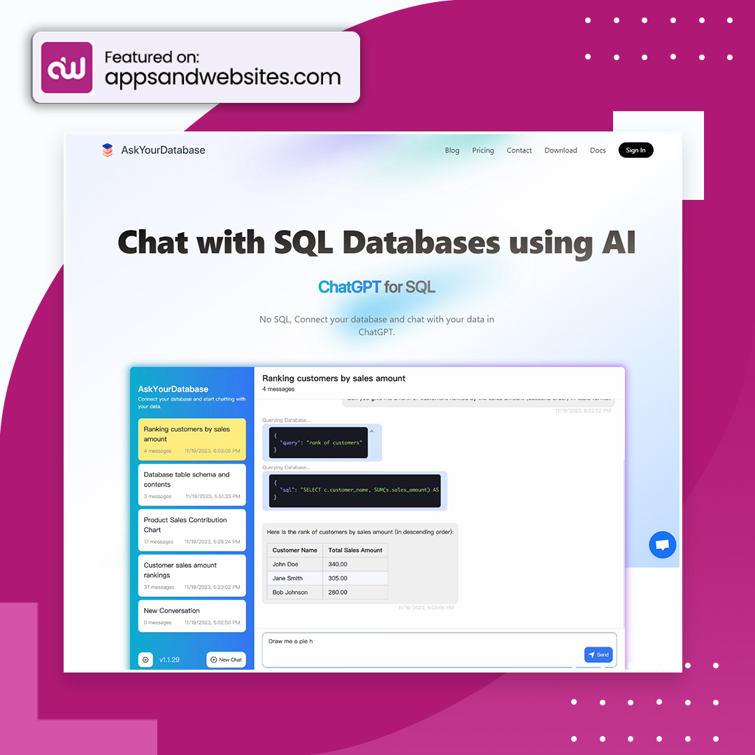 AppsandWebsites's tweet image. 💬 Chat with your SQL databases using AI! Simplify queries, retrieve data instantly, and enhance productivity.
#SQLAI #DatabaseChat #DataEfficiency
Visit our directory for more AI productivity solutions: appsandwebsites.com/directory/ai-t…
Check our bio for links. 🔗