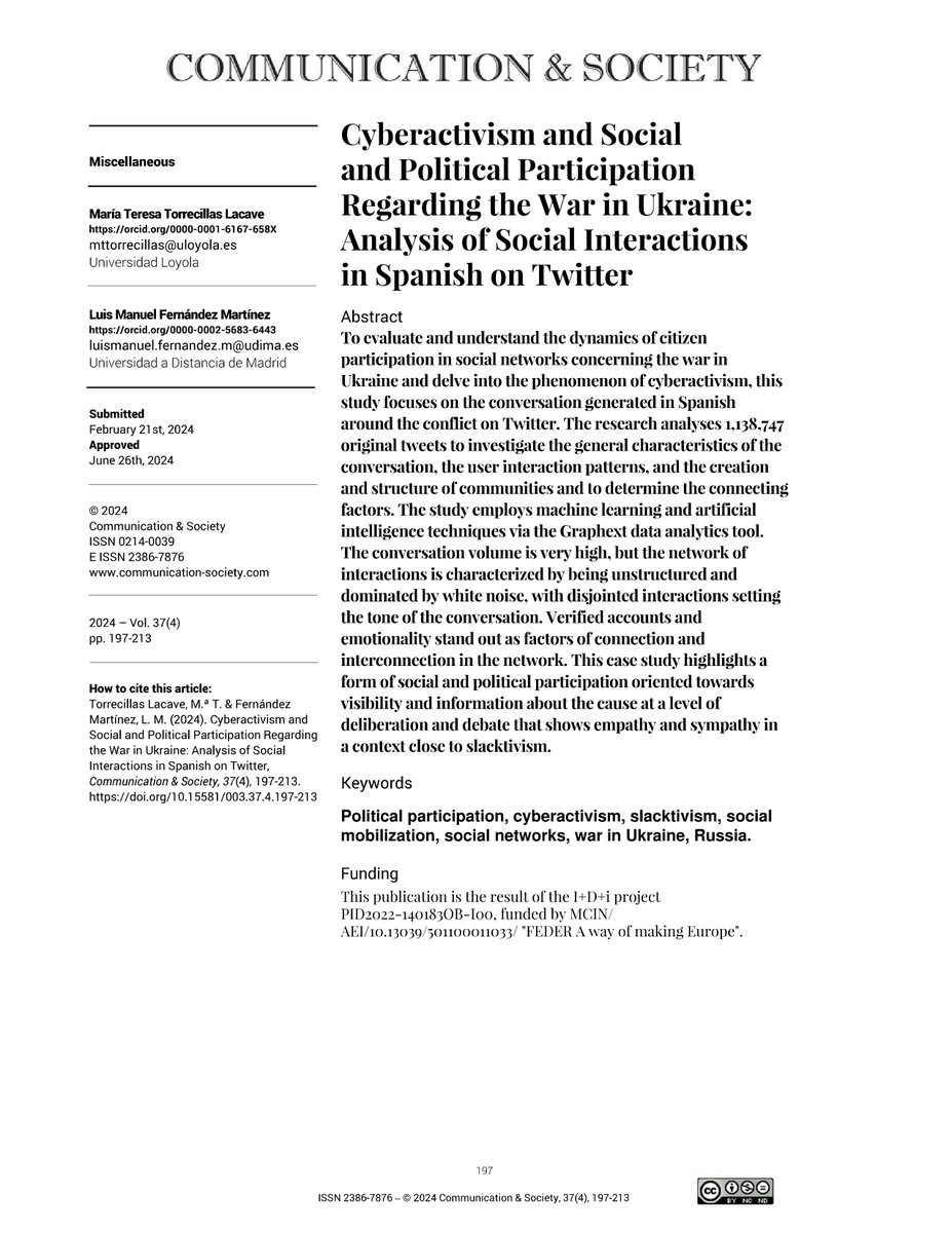 “Cyberactivism and Social and Political Participation Regarding the War in Ukraine: Analysis of Social Interactions in Spanish on Twitter” by <a href="/Torrecillast/">Teresa Torrecillas</a>  &amp; <a href="/luismanuel_fm/">Luis Manuel</a> 
#OpenAccess
DOI: doi.org/10.15581/003.3…