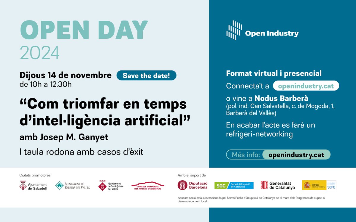 NodusBarbera's tweet photo. ✨ No us perdeu l'Open Day 2024 a @NodusBarbera de la mà d' @openindustry40
🤖 La porta d'entrada per descobrir com la Intel·ligència Artificial està transformant la indústria.
Inscriu-te! 👇
https://t.co/jWoCcI7ZM8
#OpenIndustry #OpenDay2024 #Industria40 https://t.co/6nJ6oMrdg1