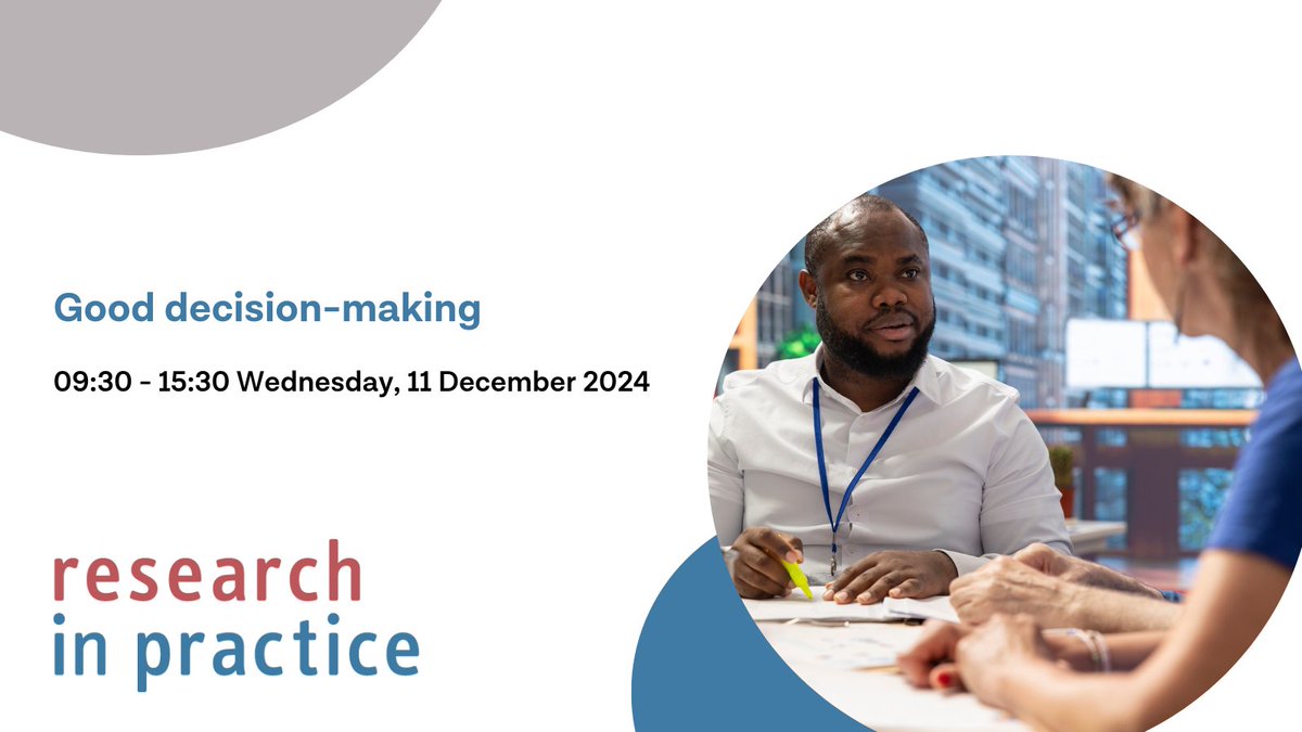 Research in Practice (@researchip) on Twitter photo Join us for a workshop on 11 December that will explore the fundamentals of good decision-making in adult social care.
Emphasising the importance of co-production, this session will discuss approaches and support systems that enhance decision-making. ow.ly/uV8650TXUb2 Join us for a workshop on 11 December that will explore the fundamentals of good decision-making in adult social care.
Emphasising the importance of co-production, this session will discuss approaches and support systems that enhance decision-making. ow.ly/uV8650TXUb2