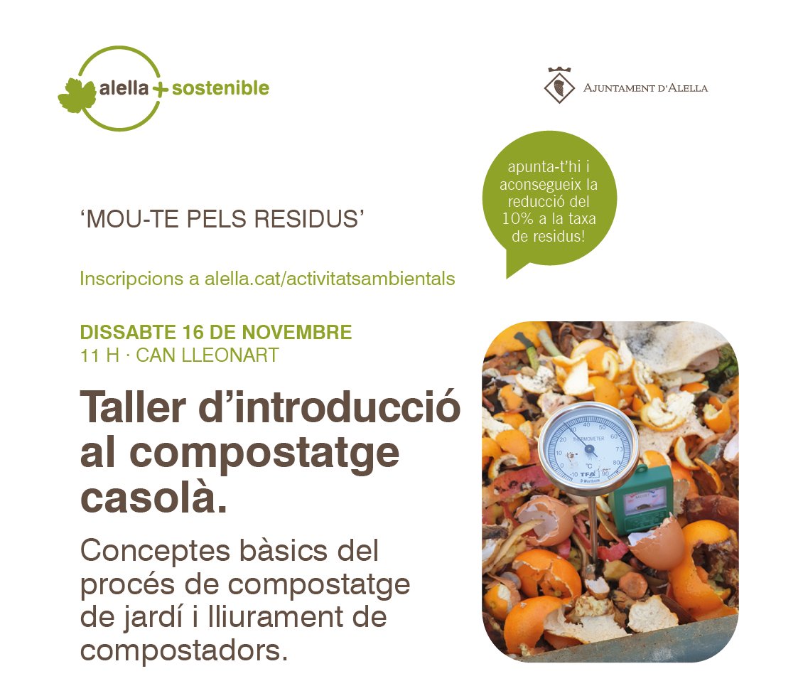 Ajuntament d'Alella (@ajalella) on Twitter photo 🍎 Taller d'introducció al compostatge casolà. #Alella #Maresme #AlellaMésSostenible
💶 10% descompte a la taxa de residus
🗓 Dissabte 16 de novembre
🕥 11 h
📍 <a href="/canlleonart/">Can Lleonart</a>
💶 Gratuït
📝 Cal inscripció 👉 alella.cat/22749
ℹ Més informació: alella.cat/22750 🍎 Taller d'introducció al compostatge casolà. #Alella #Maresme #AlellaMésSostenible
💶 10% descompte a la taxa de residus
🗓 Dissabte 16 de novembre
🕥 11 h
📍 <a href="/canlleonart/">Can Lleonart</a>
💶 Gratuït
📝 Cal inscripció 👉 alella.cat/22749
ℹ Més informació: alella.cat/22750