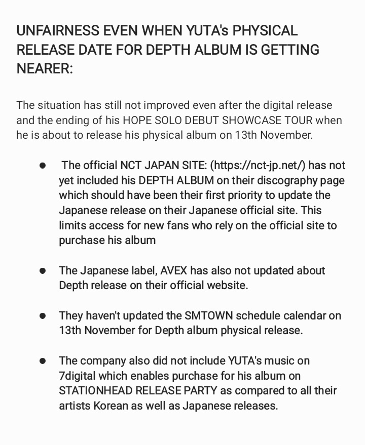 We demand <a href="/SMTOWNGLOBAL/">SMTOWN</a> , <a href="/NCT_OFFICIAL_JP/">NCT_OFFICIAL_JP</a> , <a href="/NCTsmtown/">NCT</a> to address the issues regarding unfair treatment towards YUTA's solo debut.

SM RESPECT YUTA AS AN ARTIST
#SMTREATYUTAFAIRLY