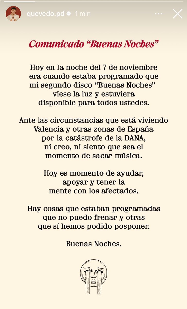 dqequevedo's tweet photo. 🚨 Quevedo pospone la salida de su álbum por lo ocurrido en Valencia https://t.co/J0QDp8cPpQ