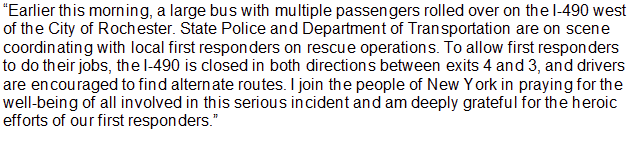 Statement from <a href="/GovKathyHochul/">Governor Kathy Hochul</a> on the I-490 crash:
