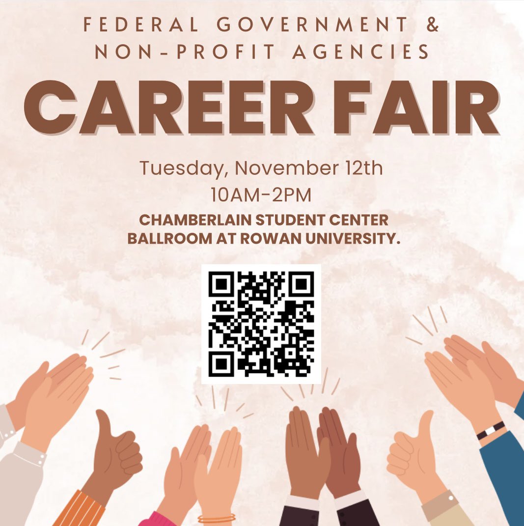 Hey profs, mark your calendars for the Federal Government &amp; Non-Profit Agencies Career fair! This will take place on Tuesday, November 12th from 10:00AM-2:00PM @ the Chamberlin Student Center Ballroom! 🗓️✔️ #hsc #rowan #communication #health #science #careerfair