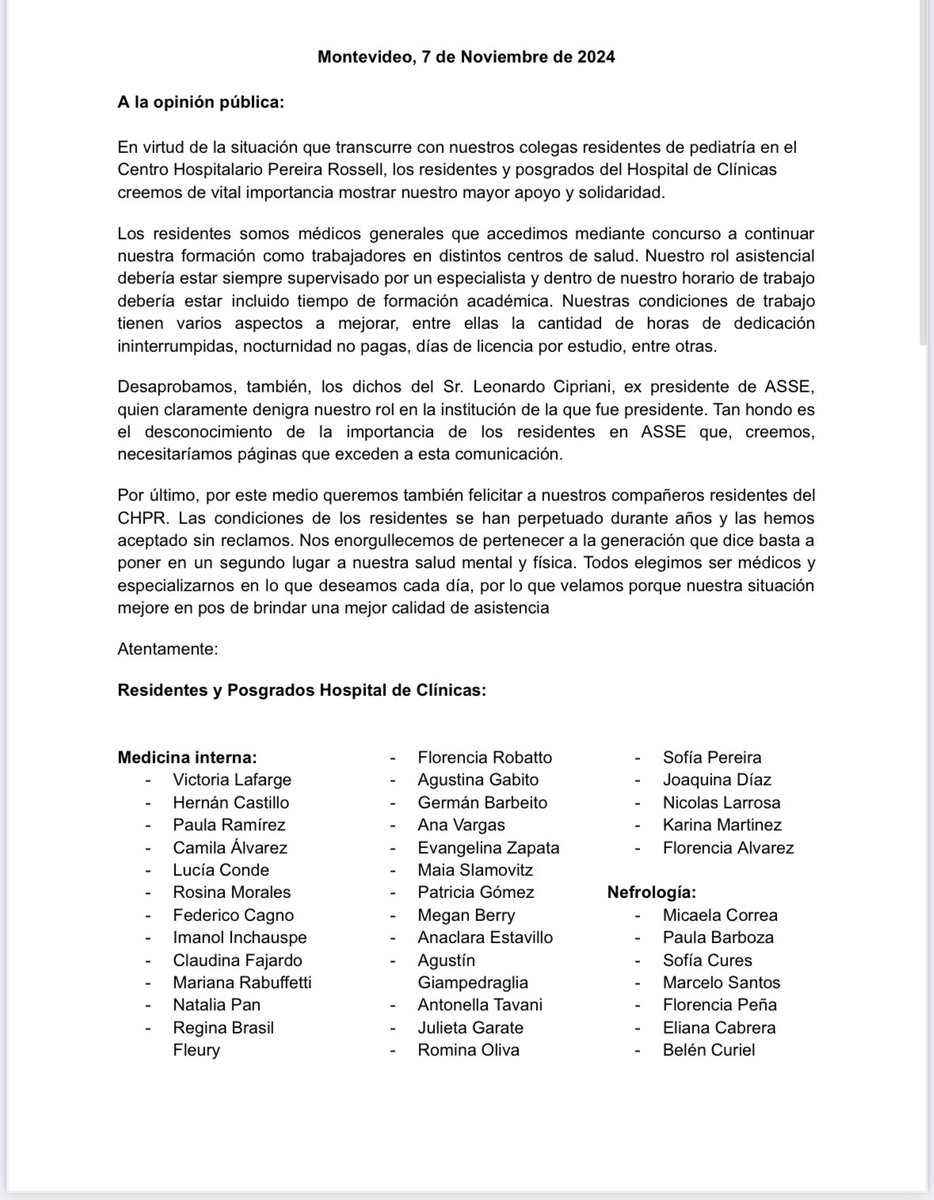 SoleBrando's tweet photo. Carta de los posgrados y residentes del Hospital de Clínicas en apoyo a la situación de los residentes de pediatría. #conlosresidentesno https://t.co/C5NeLPjTJ1