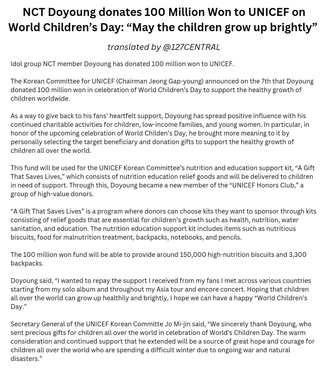 127CENTRAL's tweet photo. 241107 [PRESS] NCT #DOYOUNG donates 100 Million Won to UNICEF on World Children’s Day: “May the children grow up brightly” 

“I wanted to repay the support I received from my fans (...) Hoping that children all over the world can grow up healthily &amp; brightly (...)”

#도영 #NCT127 https://t.co/P4zr7kXREc