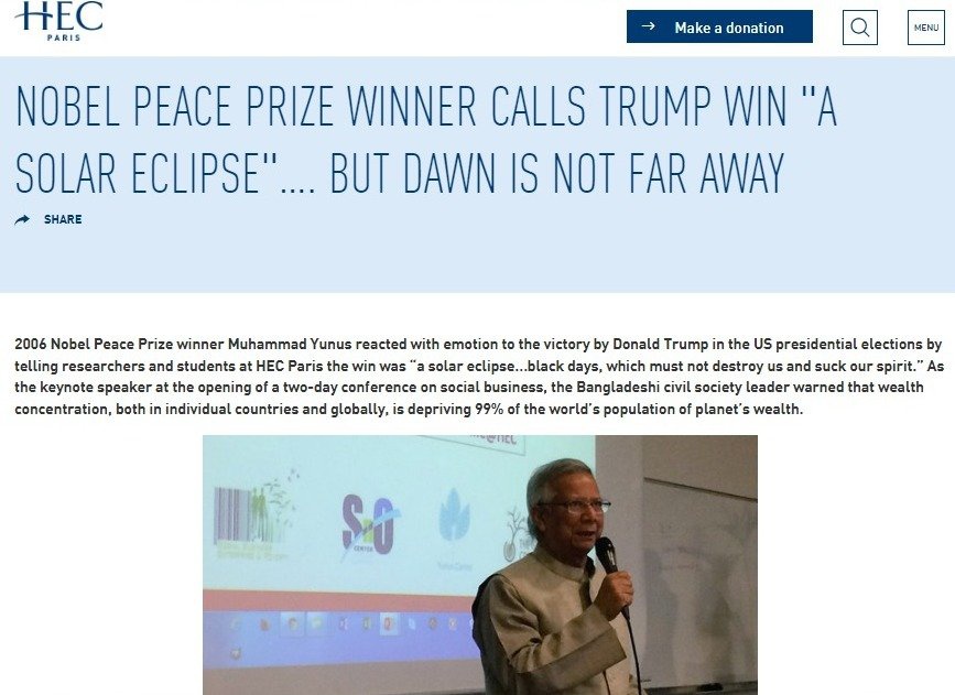 <a href="/TimesAlgebraIND/">Akash Anand</a> In 2016, Bangladesh's illegal and unconstitutional chief Adviser Md Yunus said that Donald Trump's victory was a solar eclipse and a Black day for USA.  

He campaigned against Trump and financed  Hillary Clinton, leading to a money laundering case against him in Bangladesh.
