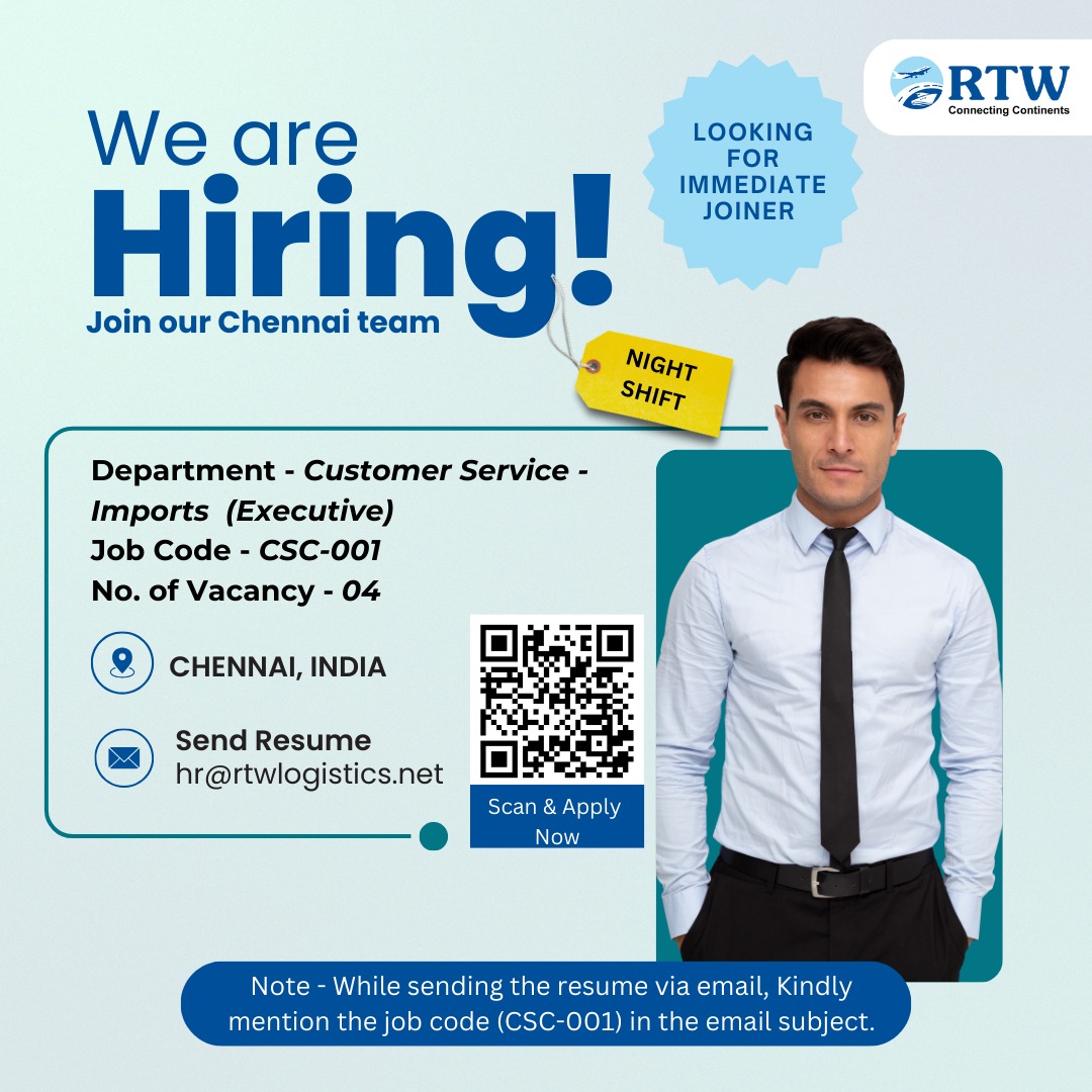 RtwLogistics's tweet photo. We are Hiring!!

- Looking for immediate joiners
- Night Shift 

Share your resume on - hr@rtwlogistics.net

#RTW #rtwlogistics #logistics #jobcode #hiring #hiringnow #applynow #joinus #mumbaijobs #mumbai #mummbaijobvacancy #chennaijobs #chennai https://t.co/V4tFOIquGO