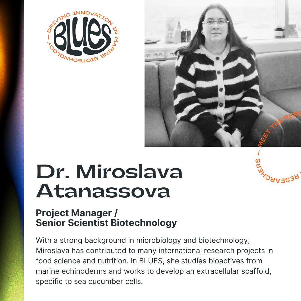 #MeetTheResearchers making magic happen in #BLUES 💫 

Dr. Atanassova 
🔵leads the research team of our partner Møreforsking 🇳🇴
🔵conducted postodc research in 3 countries 
🔵works on the functional properties &amp; value chain development of new marine resources 👩‍🔬