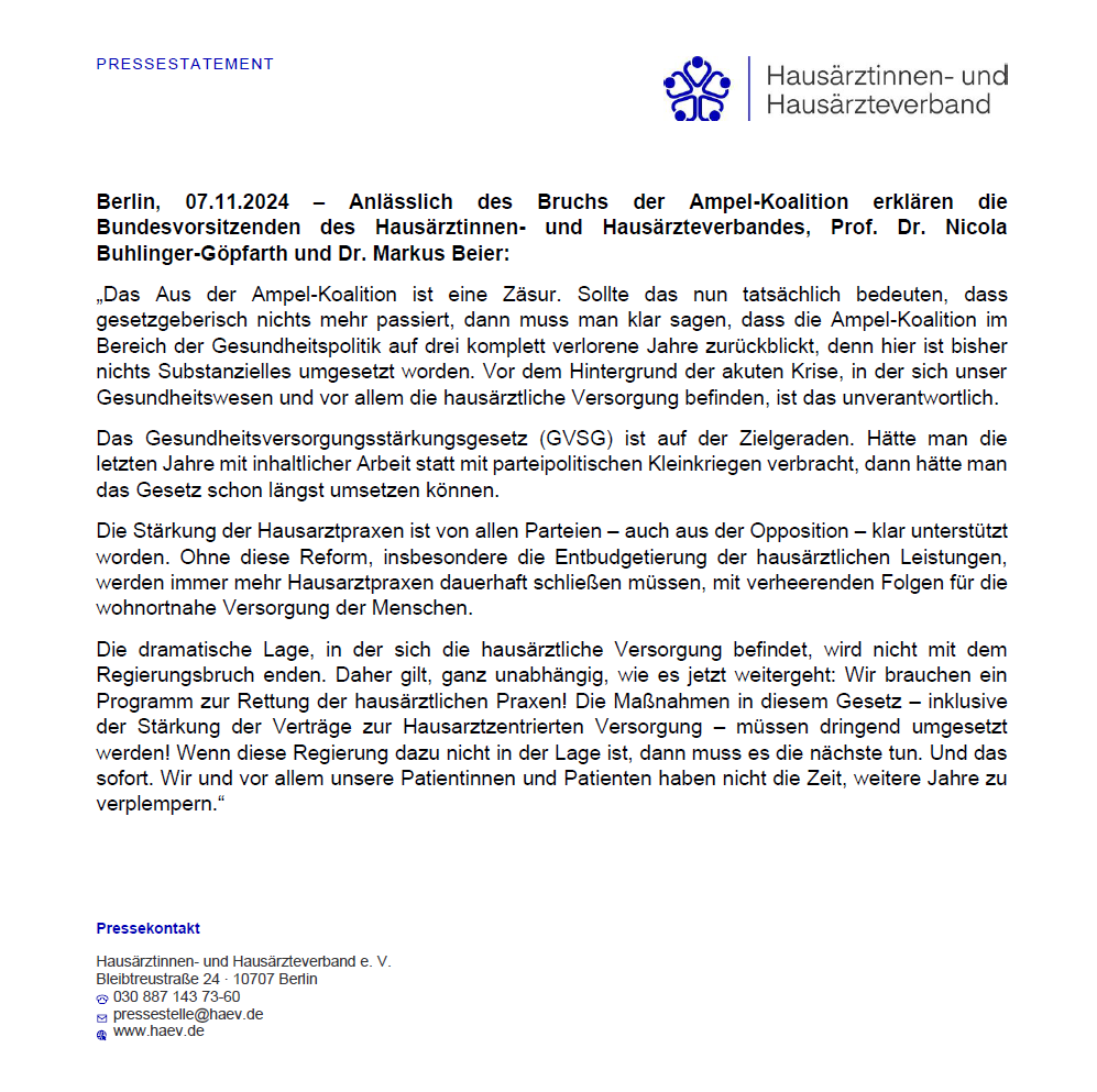 Hausärztinnen- und Hausärzteverband (@haev_aktuell) on Twitter photo Statement der Bundesvorsitzenden <a href="/NBuhlinger/">Nicola Buhlinger-Göpfarth</a> und <a href="/markusbeier1/">Markus Beier</a> zum #Ampelaus. Statement der Bundesvorsitzenden <a href="/NBuhlinger/">Nicola Buhlinger-Göpfarth</a> und <a href="/markusbeier1/">Markus Beier</a> zum #Ampelaus.