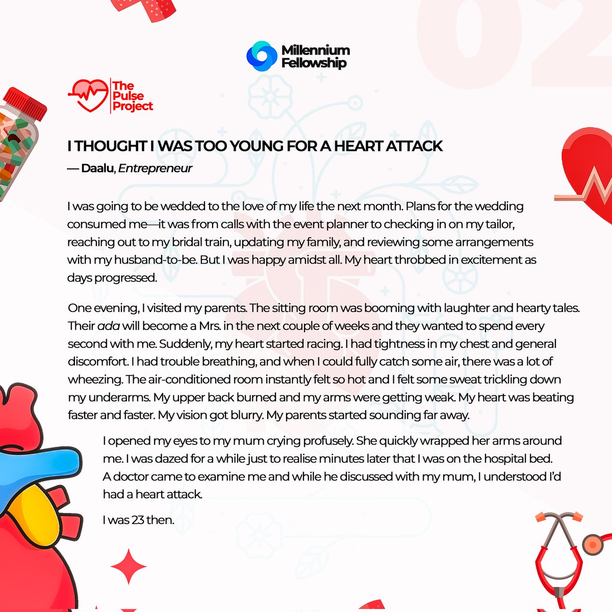 pulseproject_24's tweet image. 🫀THE CARDIO STORY 🫀

Today, we’re sharing the story of a 23-year-old that had no idea she was at risk. While there may be subtle warning signs, heart problems often strike without warning. More so, young people aren’t immune to them.

_Be aware, beat it!_ 🫀

#cardiohealth
