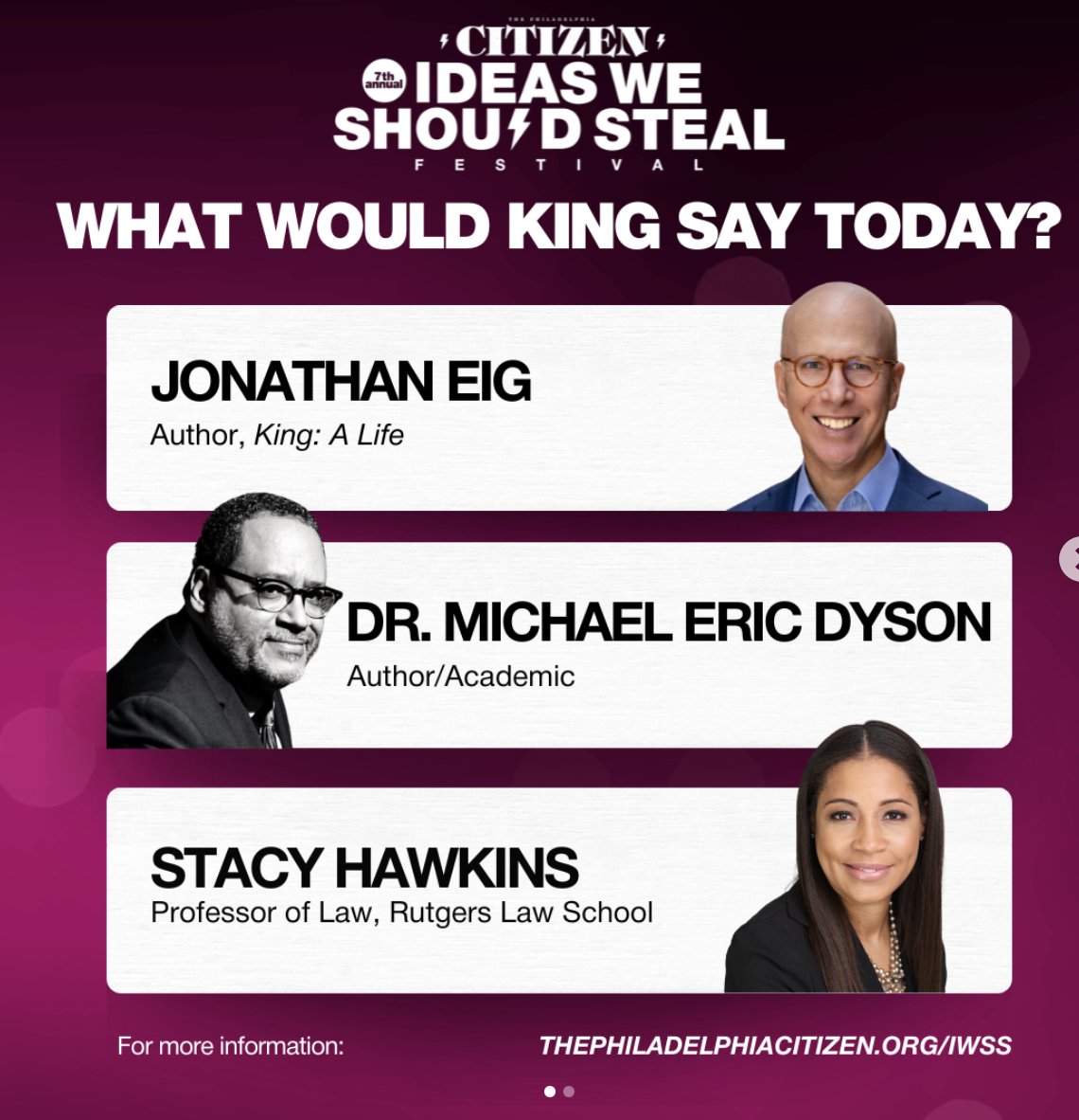Jonathan Eig (@jonathaneig) on Twitter photo Dr. King said we must never lose "infinite hope." How? Let's talk about it next week with <a href="/MichaelEDyson/">Michael Eric Dyson</a> <a href="/stacyhawkinsesq/">Stacy Hawkins</a> and me at <a href="/thephilacitizen/">The Philadelphia Citizen</a> festival. Register here: thephiladelphiacitizen.org/iwss/ Dr. King said we must never lose "infinite hope." How? Let's talk about it next week with <a href="/MichaelEDyson/">Michael Eric Dyson</a> <a href="/stacyhawkinsesq/">Stacy Hawkins</a> and me at <a href="/thephilacitizen/">The Philadelphia Citizen</a> festival. Register here: thephiladelphiacitizen.org/iwss/